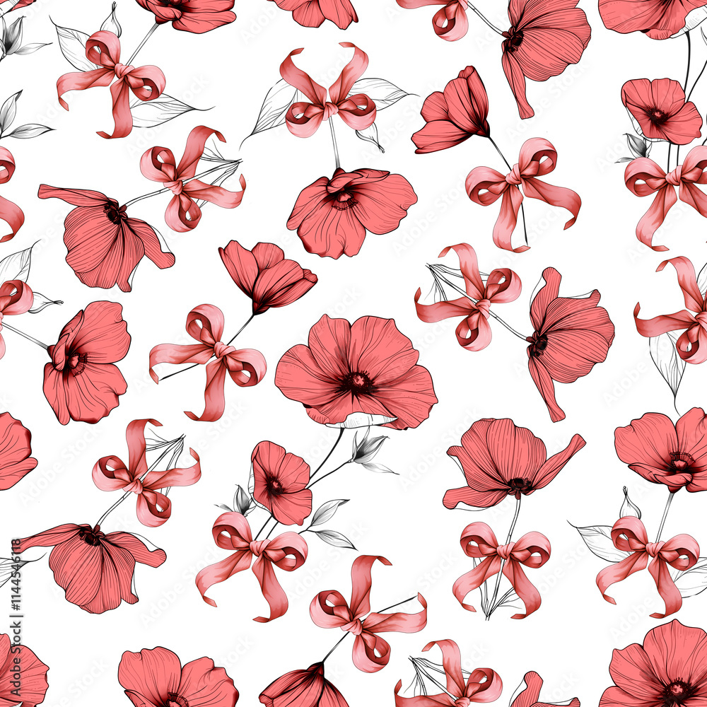 Fototapeta premium seamless pattern with poppy flowers with ribbon bow