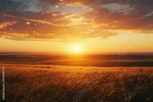 Vibrant sunset over a golden grassy landscape with dramatic clouds in the sky