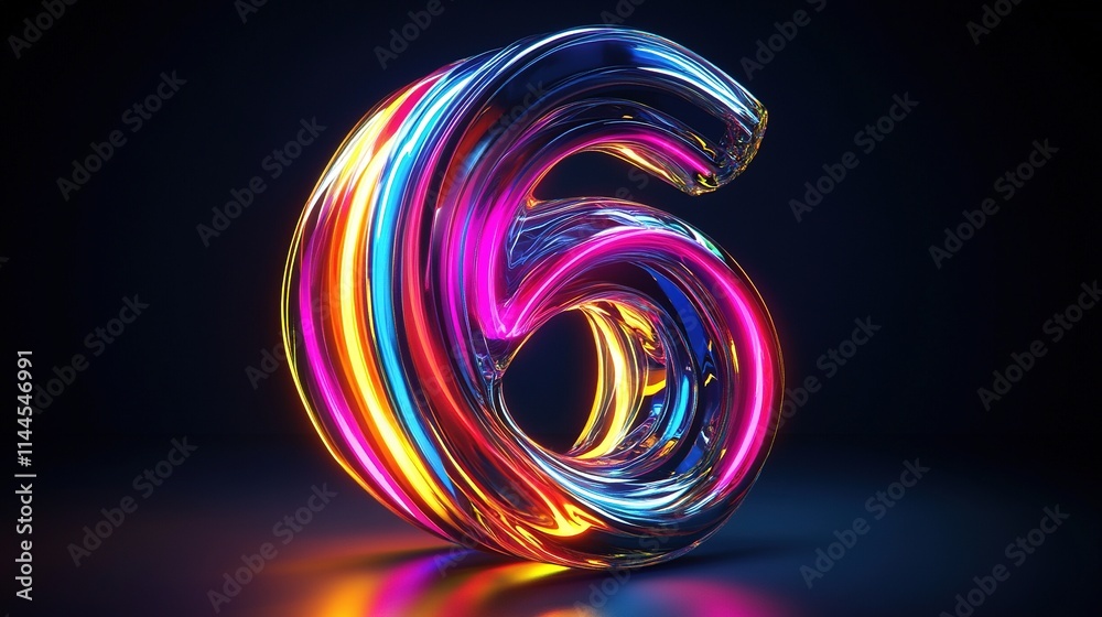 Abstract 3D Number Six with vibrant, multicolored, neon glowing, liquid, flowing, dynamic, vibrant, glossy, reflective, futuristic, and colorful design. Abstract 3D Number Six with vibrant, multicolored, neon glowing, liquid, flowing, dynamic, vibrant, glossy, reflective, futuristic, and colorful design.