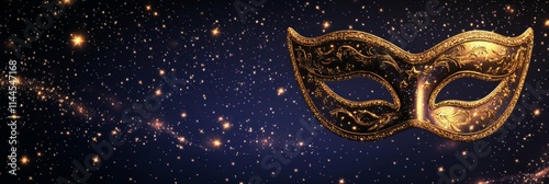 Vibrant golden masquerade mask on a sparkling purple background with twinklin...