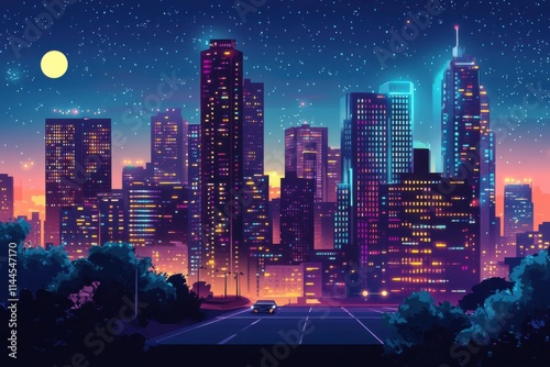 Vibrant city skyline illuminated at night under a starry sky with a glowing moon and tranquil road ahead