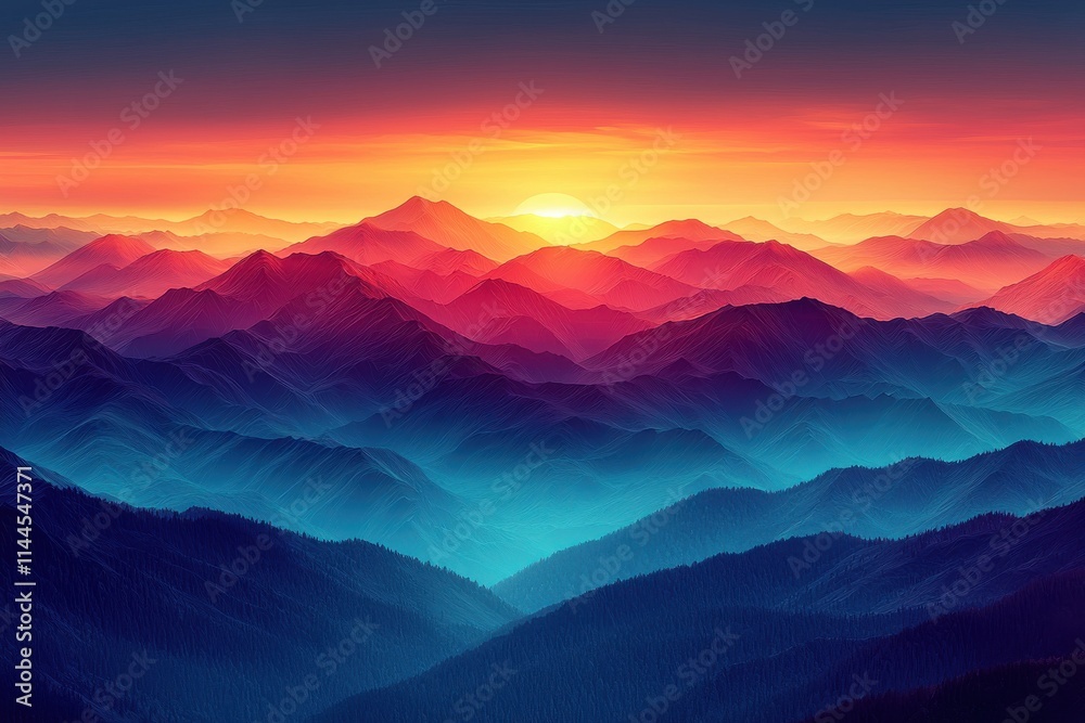 Obraz premium Abstract mountain landscape with sunset in vibrant red and blue hues
