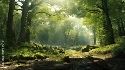 A quiet forest glade with soft natural light, space on the left for content,generative ai illustration
