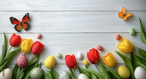 Colorful Easter eggs and vibrant tulips accompany a butterfly on a blue woode...