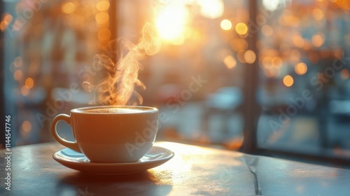 Warm cup of coffee rests on a table as sunlight streams through the window in...