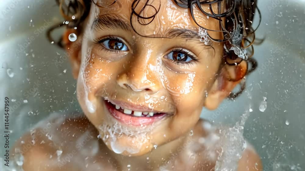 Joyful child playing in water, creating bubbles and enjoying a sunny day outdoors Joyful child playing in water, creating bubbles and enjoying a sunny day outdoors
