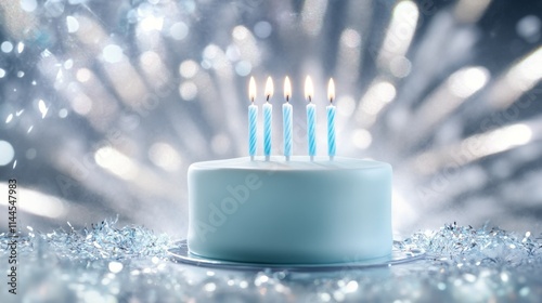 Colorful birthday cake with candles and festive decorations glowing brightly ...