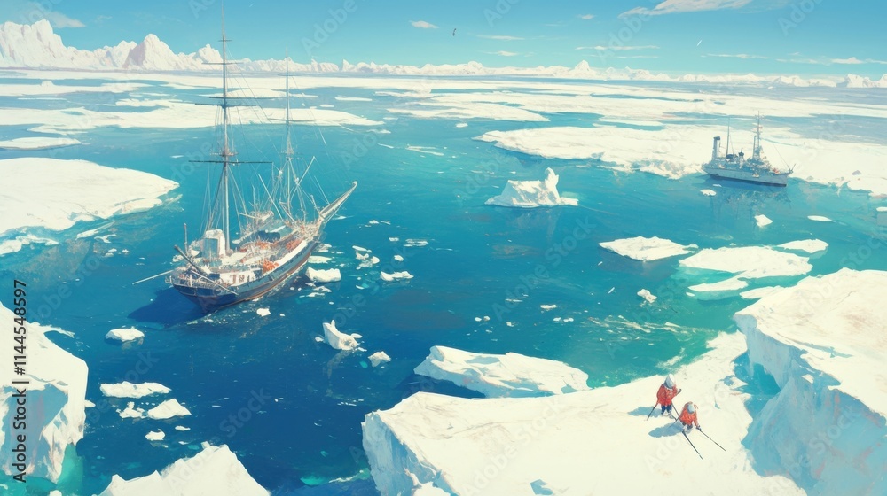 Obraz premium Arctic adventure: Two explorers traverse icy landscape, sailing ships in the distance.