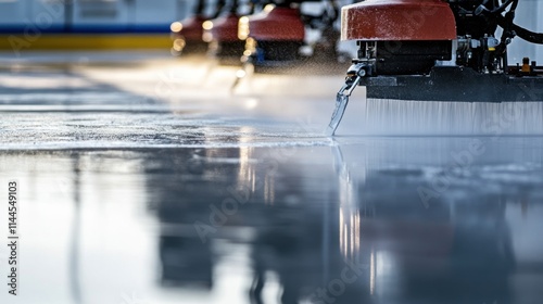 Close-up of automated floor scrubbers cleaning a large, reflective floor. photo