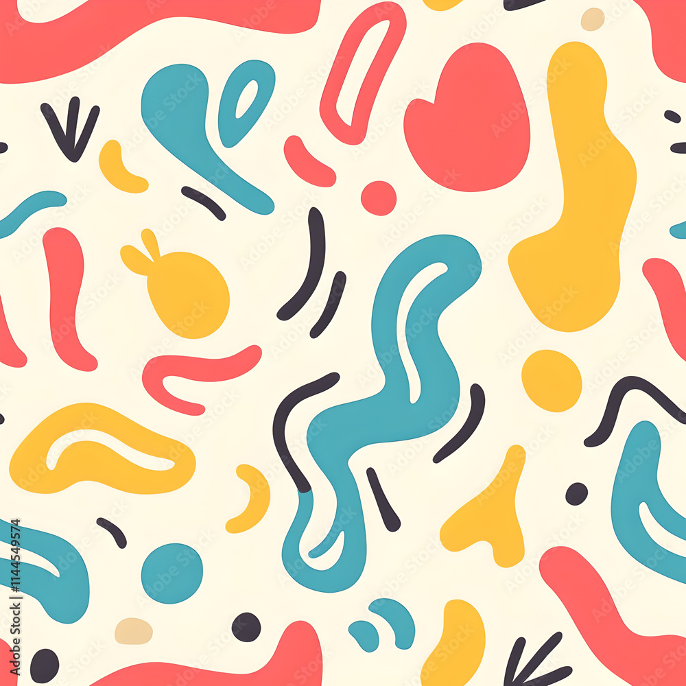 A cheerful and playful abstract pattern featuring a variety of organic shapes and colors. A cheerful and playful abstract pattern featuring a variety of organic shapes and colors.