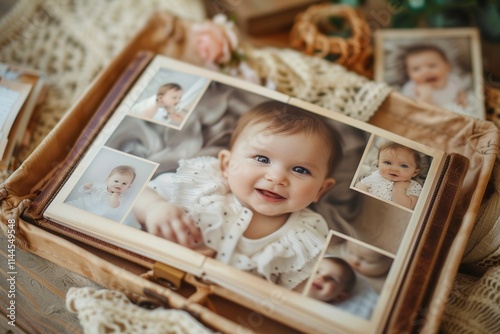 Cherishing precious moments in a baby photo album of infants and children capturing joyful smiles and early milestones. Generative AI photo