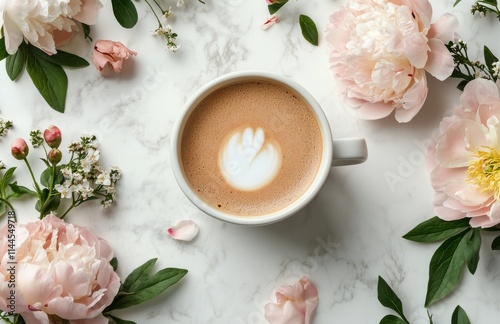 Coffee served in a white cup surrounded by fresh peonies and greenery, creati...