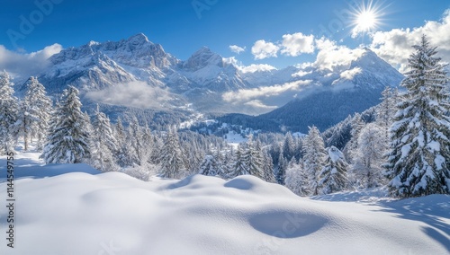 Stunning Winter Landscape With Snow-Covered Mountains and Gleaming Sunlight in a Clear Blue Sky, Capturing the Beauty of Nature's Icy Wonderland