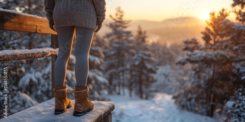 Fleece-lined leggings provide comfort and warmth, perfect for cold winter days. A serene landscape with snow-covered trees enhances the cozy winter vibe.