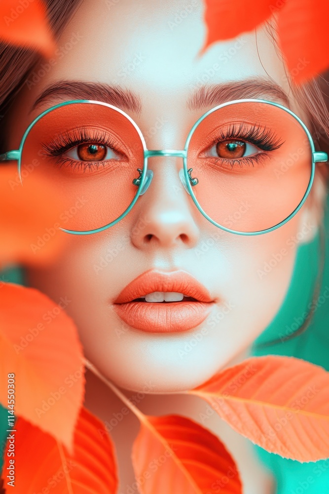 Fototapeta premium Vibrant portrait of a young Caucasian woman with orange sunglasses surrounded by autumn leaves, AI