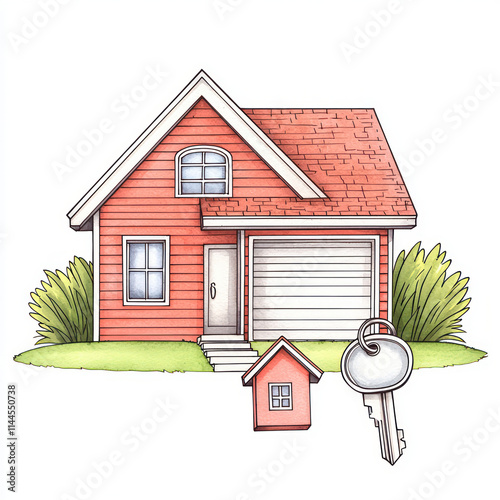 charming of red house with garage, key, and small house. Perfect for real estate or home related themes photo