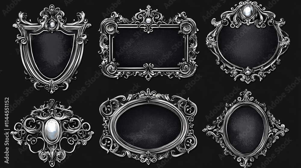 Fantasy medieval ui border. Metal frame design for rpg interface. Silver label with gem stone and ornament decoration. Vintage avatar rank graphic gui set. Empty royal banner in circle or square shape Fantasy medieval ui border. Metal frame design for rpg interface. Silver label with gem stone and ornament decoration. Vintage avatar rank graphic gui set. Empty royal banner in circle or square shape