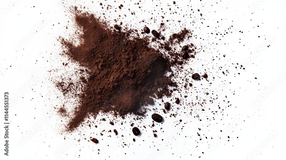 Explosion of coffee bean and powder isolated on white background. Vector realistic illustration of shredded roasted ground coffee and burst of arabica grain with splash of brown dust Explosion of coffee bean and powder isolated on white background. Vector realistic illustration of shredded roasted ground coffee and burst of arabica grain with splash of brown dust