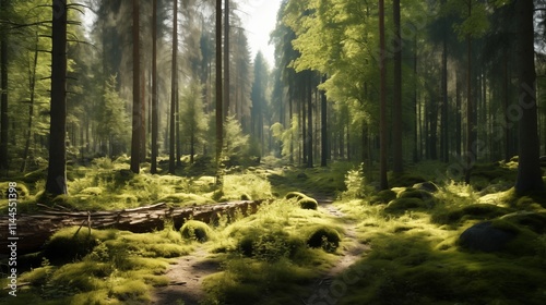 A quiet forest glade with soft natural light, space on the left for content,generative ai illustration