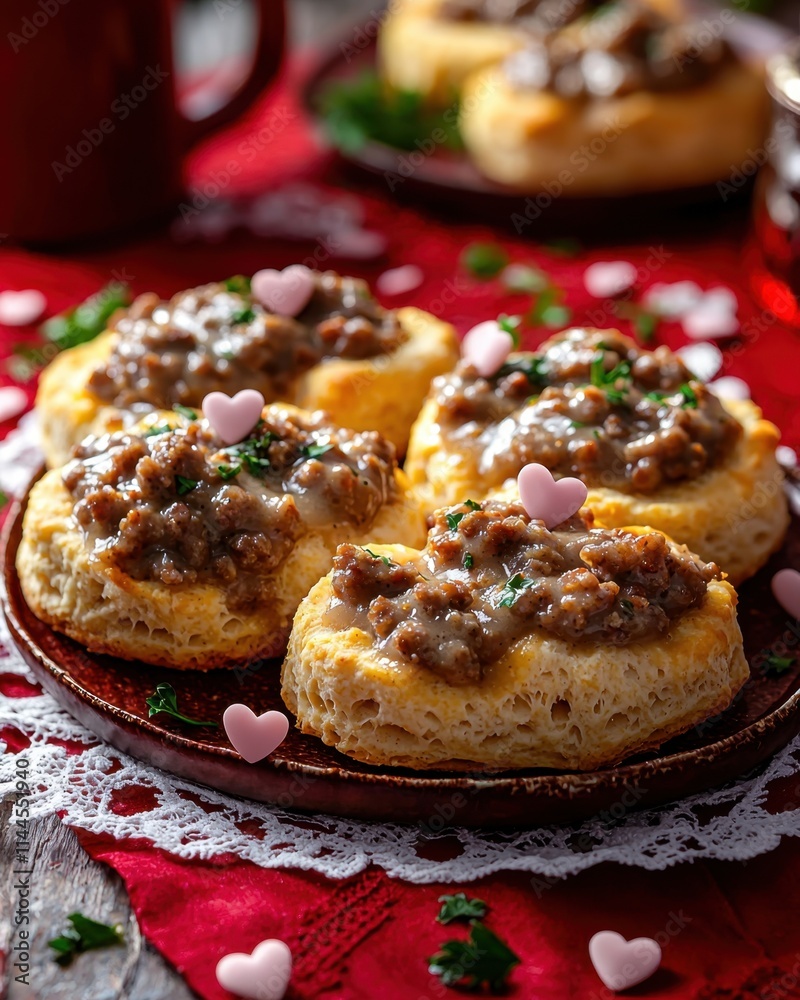 American food concept for Valentine's Day. Delicious biscuits topped with savory sausage gravy and heart-shaped decorations American food concept for Valentine's Day. Delicious biscuits topped with savory sausage gravy and heart-shaped decorations