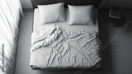 Unmade beds with white and black pillows, blanket and sheet. Vector realistic top view of 3d furniture for sleep with mattress and blank bedclothes isolated on transparent background