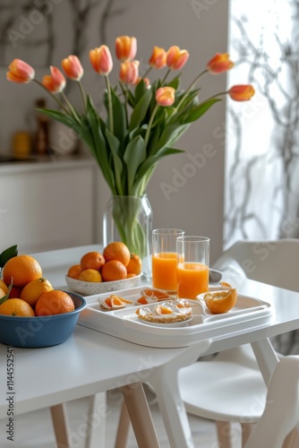 Bright morning brunch featuring fresh fruit and flowers in a cozy dining spac...