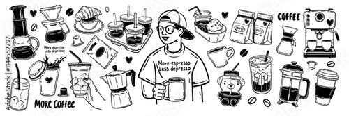 Coffee icon vector set, hand drawn cafes doodle illustration, morning hot beverage breakfast cup. Take away eatery barista menu cartoon object latte drink cocktail black sticker espresso. Coffee icon