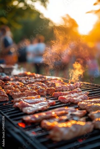 Cooking delicious grilled meat at a summer barbecue during sunset in a lively...