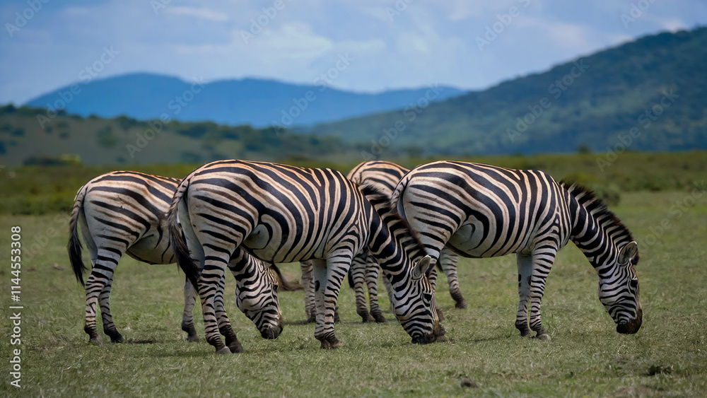 A herd of zebras feeding calmly in an open grassland, framed by rolling hills and a clear blue sky in the background. A herd of zebras feeding calmly in an open grassland, framed by rolling hills and a clear blue sky in the background.