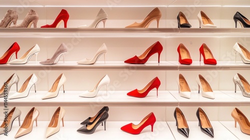 A collection of designer shoes neatly arranged on a display shelf in a luxury store. photo