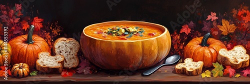 Warm autumn soup served in a rustic wooden bowl with fresh bread slices and d...