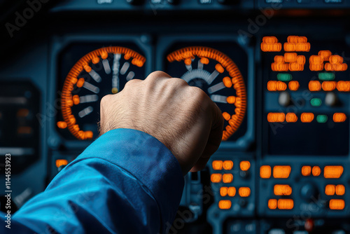 pilot hand gripping throttle in cockpit, showcasing control and precision. illuminated instruments highlight aviation environment