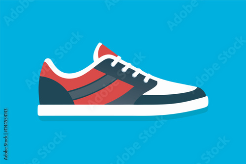Side view of a sneaker with white, red, and blue colors. White sole, red stripes, black logo, lace-up closure, red tongue. Against blue background, shadow below, toe points left.
