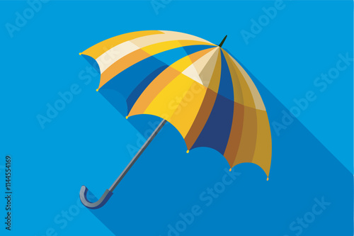  A yellow umbrella with blue stripes casts a shadow, suggesting sunlight. Its canopy is slightly bent, hinting at movement. Set against a bright blue backdrop, creating a clean aesthetic.