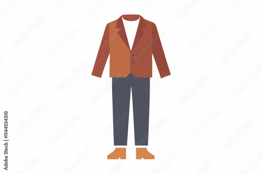 Men's formal outfit: brown suit jacket, white shirt, grey pants, brown shoes. Neatly arranged ensemble for a polished, formal look.