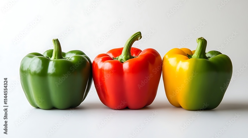Close-up capturing bell pepper arranged on a clean white background, subtle textures visible, balanced soft lighting emphasizing natural hues Close-up capturing bell pepper arranged on a clean white background, subtle textures visible, balanced soft lighting emphasizing natural hues