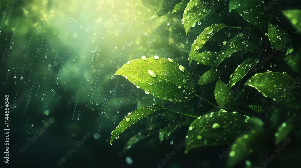 Dew-covered leaves in a serene, rainy environment. Dew-covered leaves in a serene, rainy environment.