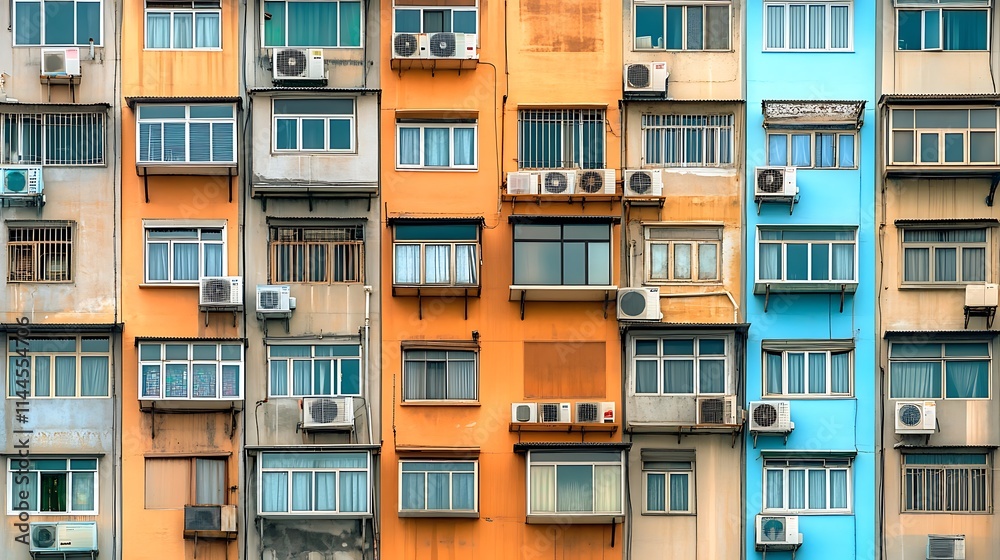 A row of apartment buildings with old, inefficient air conditioning units, with heat radiating from each one. A row of apartment buildings with old, inefficient air conditioning units, with heat radiating from each one.