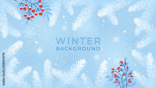 Beautiful winter background with snowflakes and a frame of fir branches. Red rowan berries and rose hips. Borders for postcards, invitations. Vector illustration on a light blue background.
