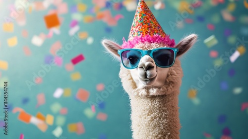 Festive alpaca wearing colorful party hat and glasses against confetti backdr...