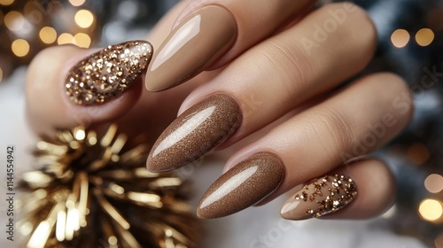 Intricate nail design showcases shimmering gold details against a warm brown base, perfect for holiday celebrations photo