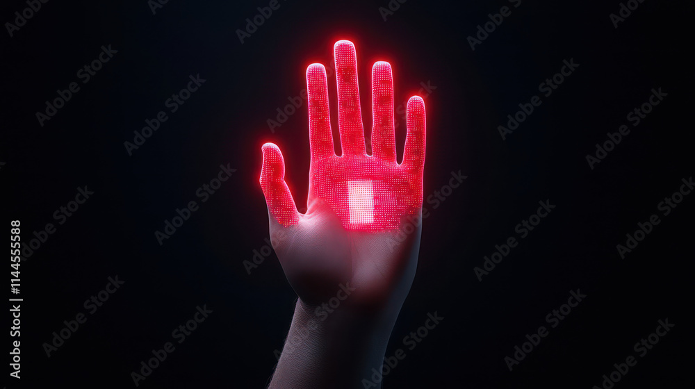 Futuristic hand with glowing red patterns, symbolizing technology and innovation Futuristic hand with glowing red patterns, symbolizing technology and innovation