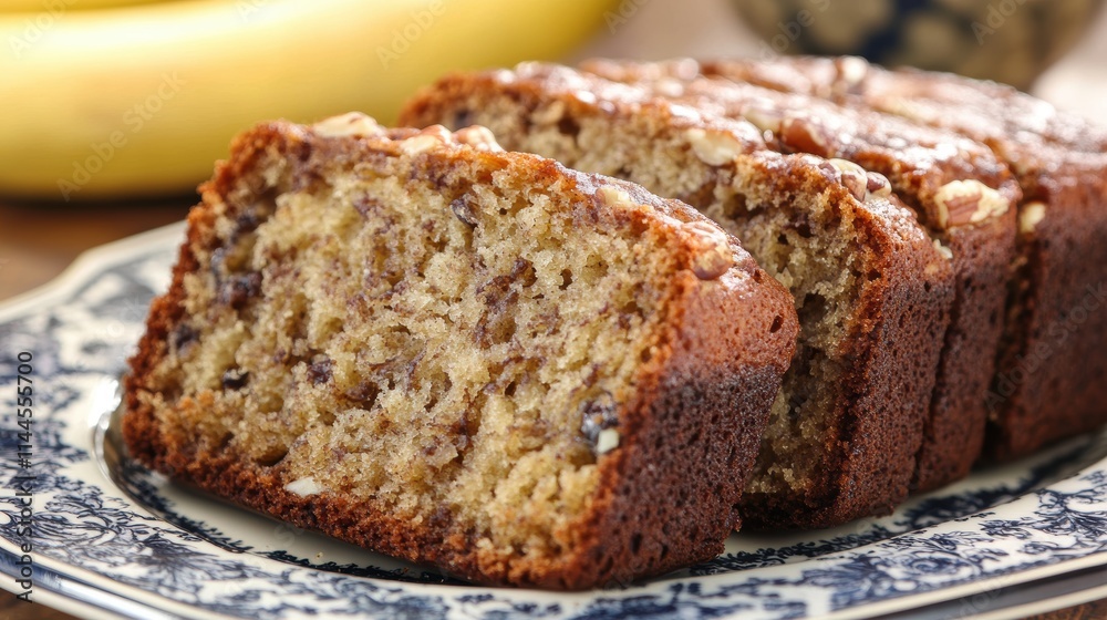 Close-up of delicious banana nut bread on a vintage plate in a charming kitchen setting Close-up of delicious banana nut bread on a vintage plate in a charming kitchen setting
