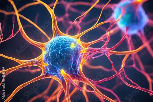 Close-up of a neuron and synapse with glowing neural connections and electrical impulses. Detailed structure with vibrant colors highlighting brain communication.