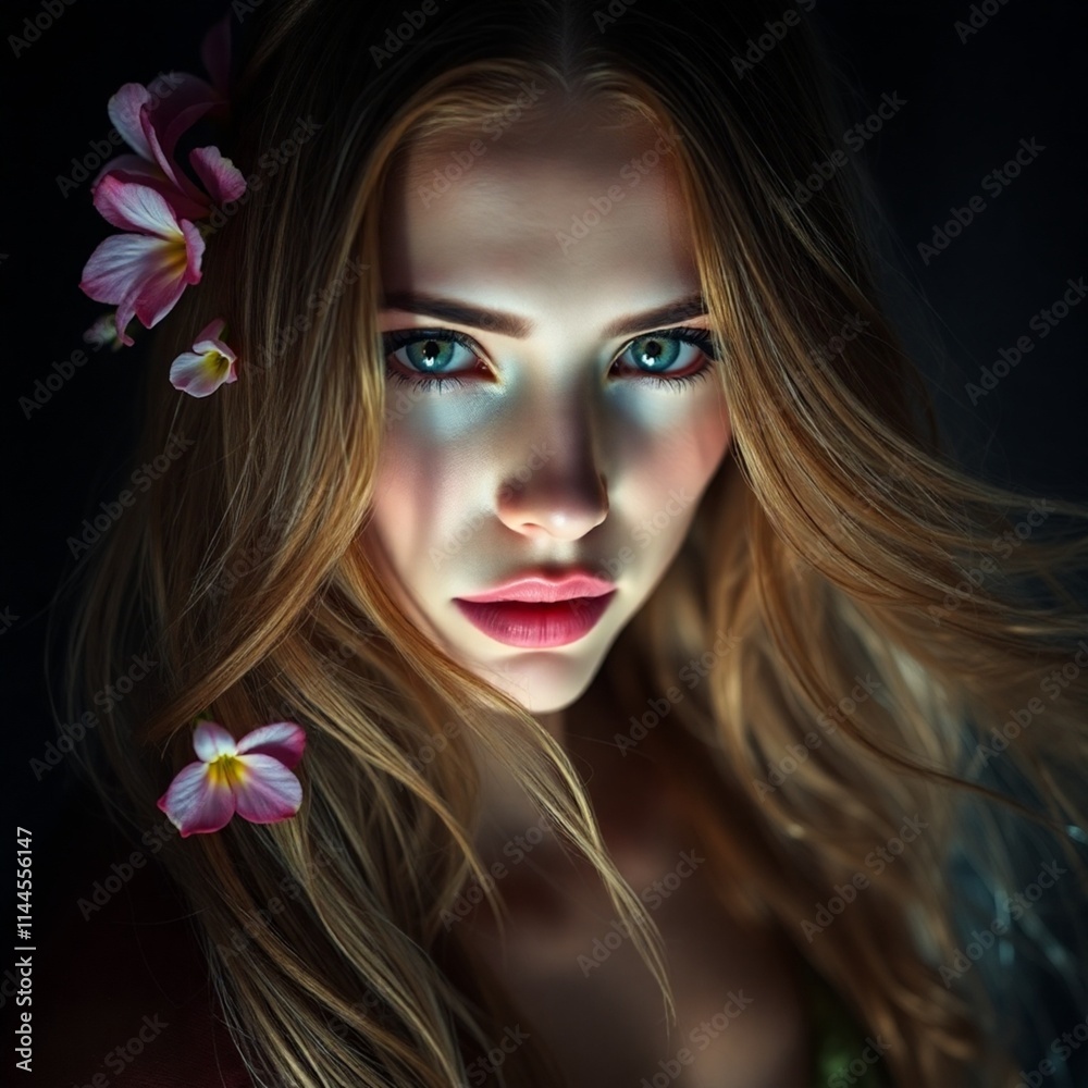Naklejka premium Romantic and Captivating: A Stunning Beauty with Flowers in Her Hair, Vibrant Colors, Dynamic Viewing Angle, and a Highly Detailed Photorealistic Full-Body Portrait