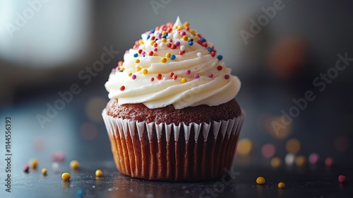 Delicious Vanilla Cupcake with Swirls of Creamy Frosting Topped with Colorful Sprinkles on a Dark Background, Capturing the Essence of Sweet Treats photo