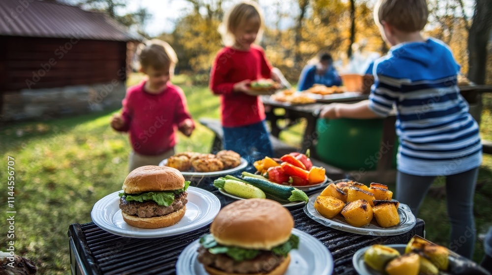 A family grilling burgers and vegetables in their backyard, with a joyful atmosphere and plates of fresh food ready to serve. A family grilling burgers and vegetables in their backyard, with a joyful atmosphere and plates of fresh food ready to serve.
