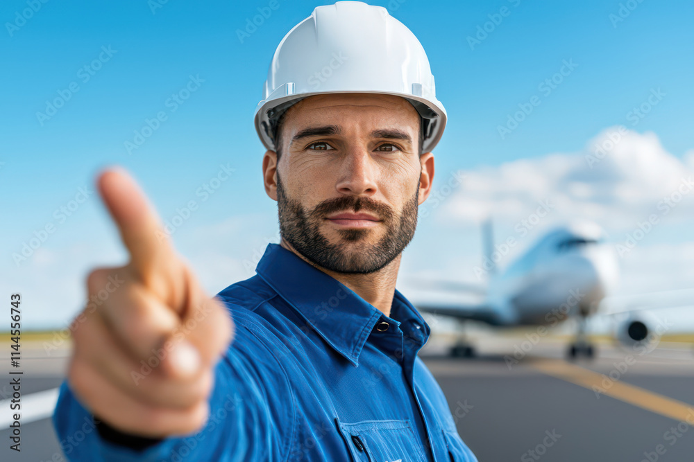 focused ground crew member signals on runway, ensuring safety focused ground crew member signals on runway, ensuring safety