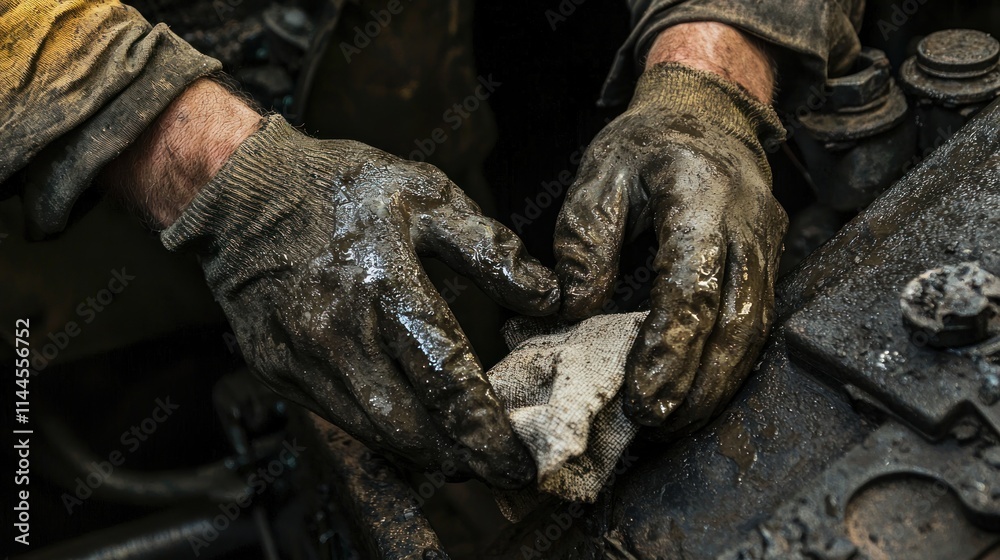 A mechanic wiping greasy hands on a rag after working on a car engine