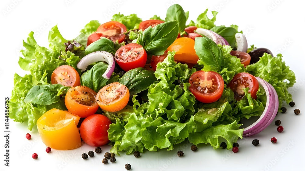 A fresh garden salad with cherry tomatoes, lettuce, and bell peppers is artistically scattered on a white background, highlighting vibrant colors and organic vegetables in clean styling. A fresh garden salad with cherry tomatoes, lettuce, and bell peppers is artistically scattered on a white background, highlighting vibrant colors and organic vegetables in clean styling.